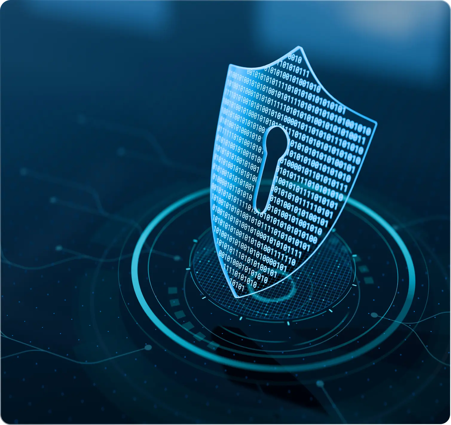 Digital shield with binary code and keyhole.